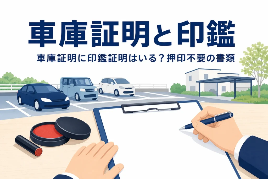 書類と脇に置かれた印鑑で、車庫証明に印鑑や印鑑証明が要るかを紹介する記事タイトル