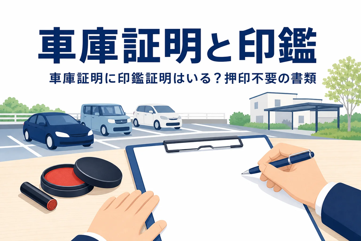 書類と脇に置かれた印鑑で、車庫証明に印鑑や印鑑証明が要るかを紹介する記事タイトル
