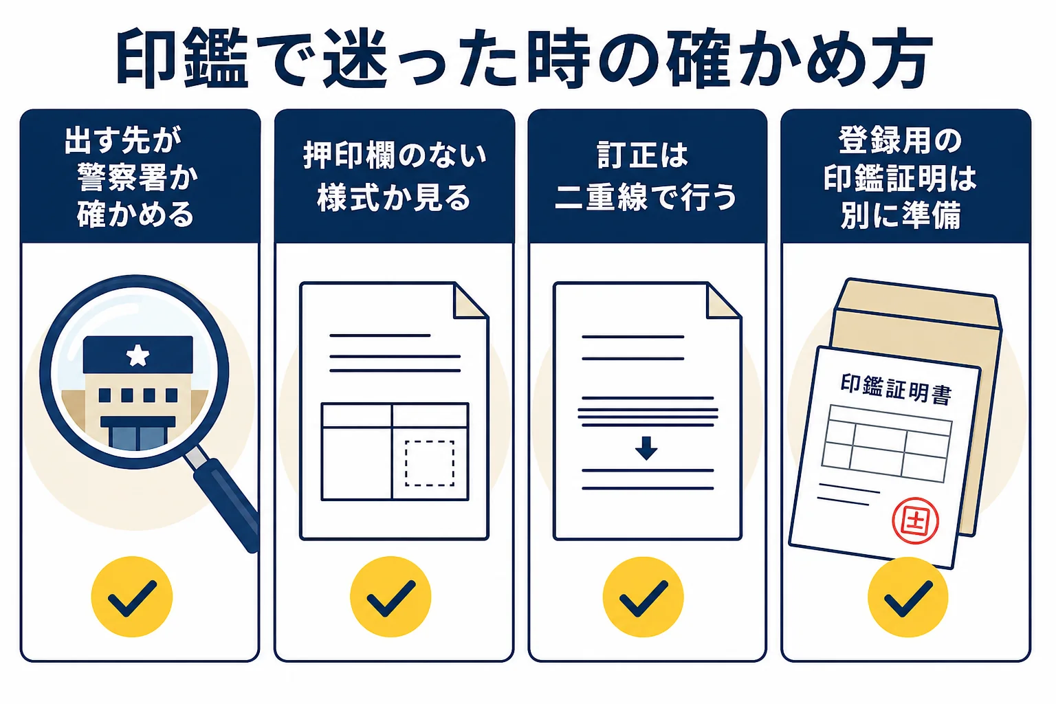 車庫証明の書類で押印や印鑑証明に迷った時に、出す先と様式から確かめる手順をまとめた図解