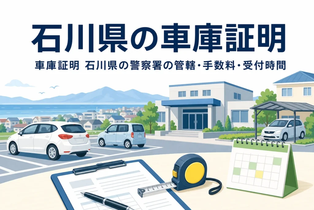 駐車場と書類を描いた「石川県の車庫証明」のアイキャッチ