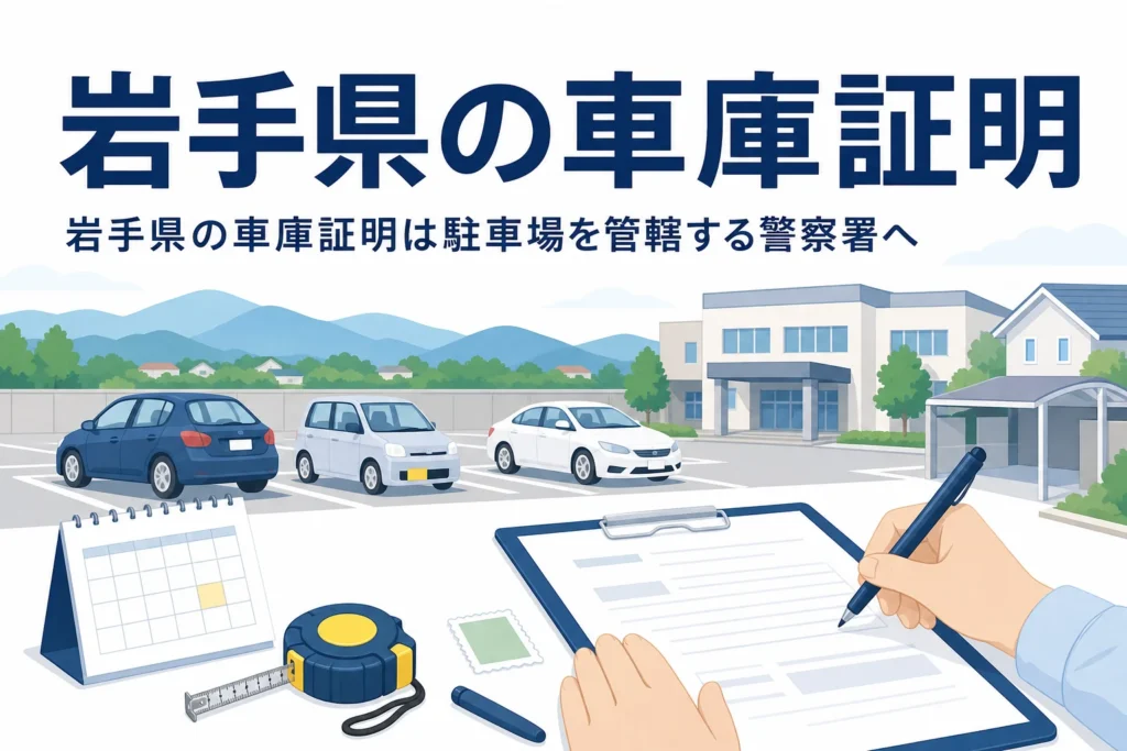 山並みと駐車場、書類のイラストに、岩手県の車庫証明の記事タイトルを重ねたアイキャッチ
