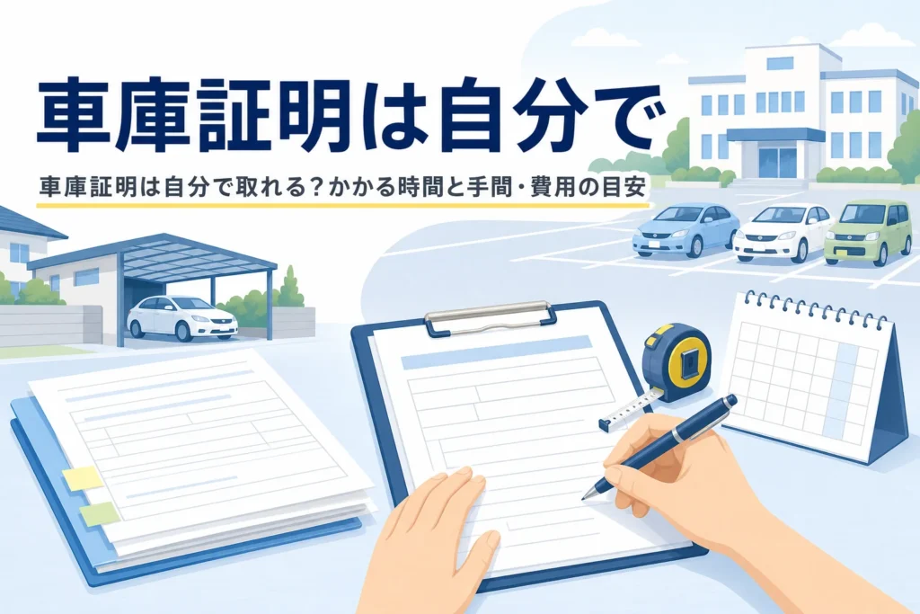書類とメジャー、警察署風の建物を写し、車庫証明を自分で取る方法を紹介する記事タイトル