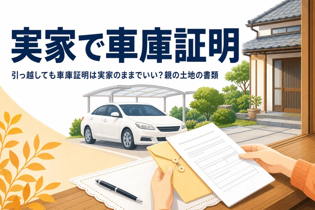 実家の駐車スペースと書類を写し、実家・親の土地で車庫証明を取る方法を紹介する記事タイトル