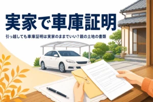 実家の駐車スペースと書類を写し、実家・親の土地で車庫証明を取る方法を紹介する記事タイトル