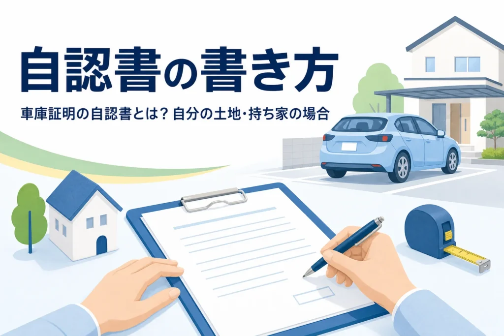 持ち家の駐車スペースと書類を写し、車庫証明の自認書を紹介する記事タイトル
