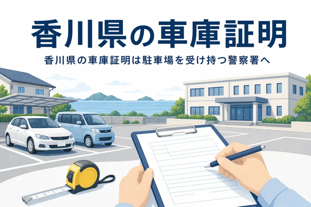 瀬戸内の海が見える駐車場と書類のイラストに、香川県の車庫証明の記事タイトルを重ねたアイキャッチ