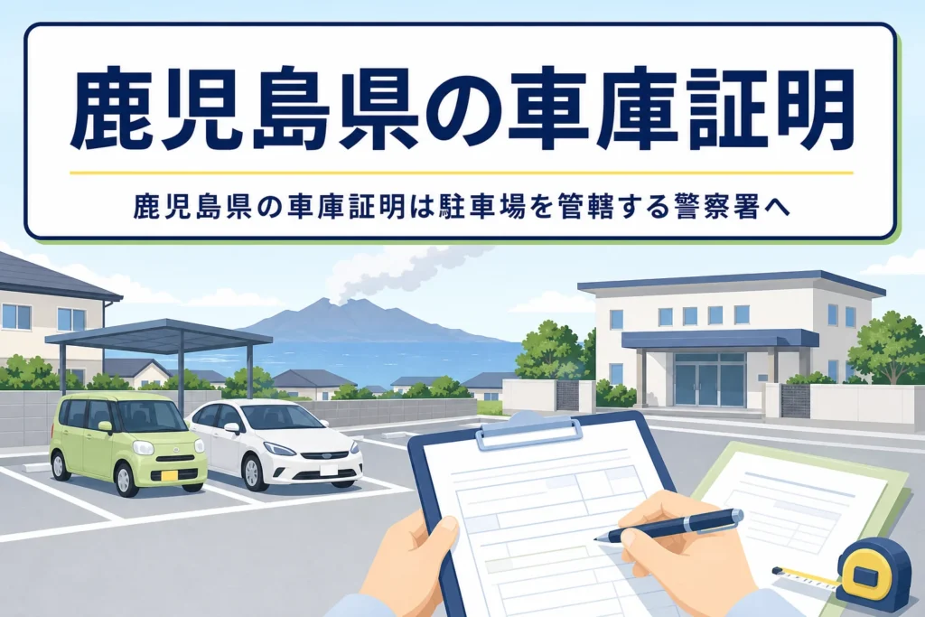 海と島影の見える駐車場と書類のイラストに、鹿児島県の車庫証明の記事タイトルを重ねたアイキャッチ