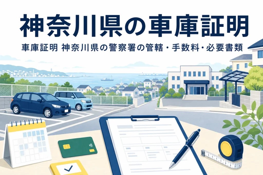 港町の駐車場と書類を描いた「神奈川県の車庫証明」のアイキャッチ