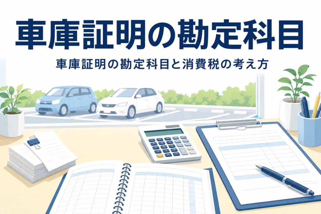 帳簿と電卓と領収書のイラストに、車庫証明の勘定科目と消費税の記事タイトルを重ねたアイキャッチ