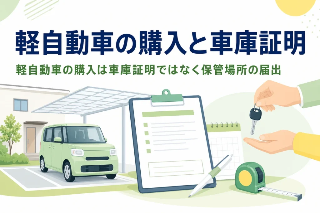 軽自動車の鍵を受け取る手元と書類を写し、軽自動車の購入と車庫証明を紹介する記事タイトル