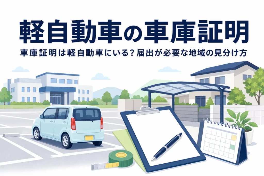 駐車場にとまる軽自動車と書類のイラストに、軽自動車の車庫証明の記事タイトルを重ねたアイキャッチ