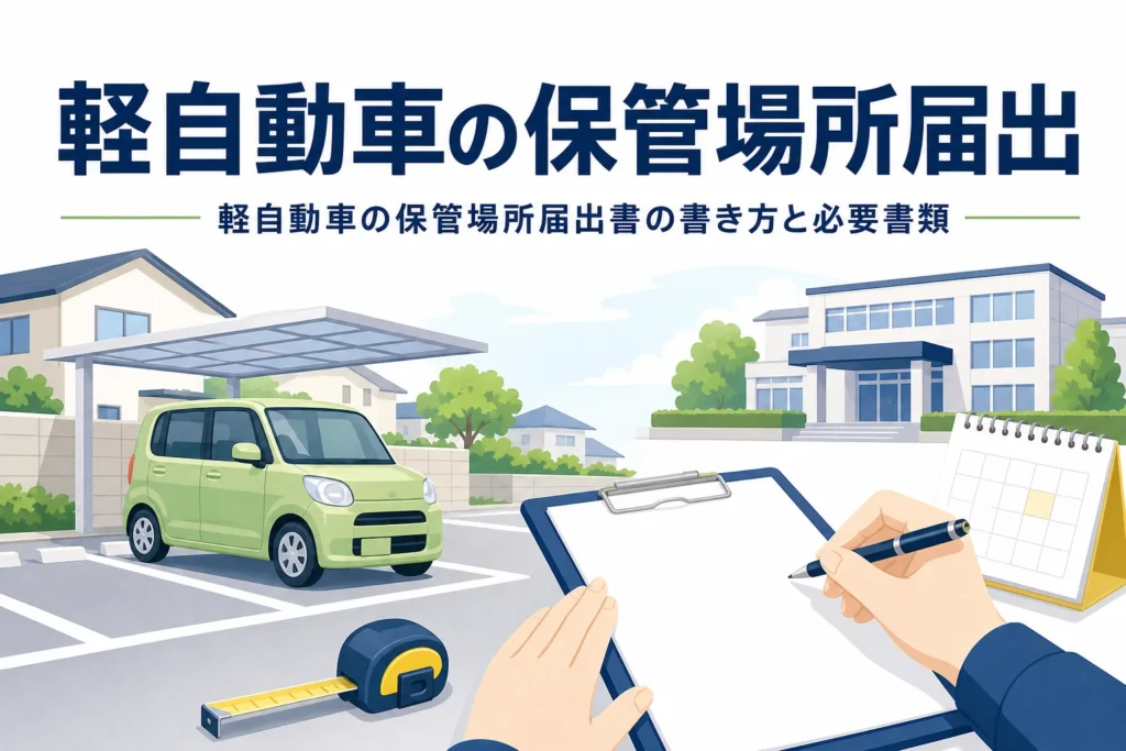 駐車場の軽自動車と書類・メジャーのイラストに、軽自動車の保管場所届出の記事タイトルを重ねたアイキャッチ