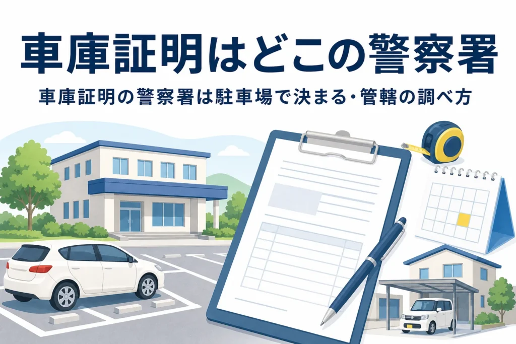 警察署風の建物と書類のイラストに、車庫証明をどこの警察署に出すかの記事タイトルを重ねたアイキャッチ