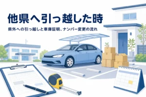 引っ越しの段ボールと駐車場の乗用車を写し、県外へ引っ越した時の車庫証明を紹介する記事タイトル