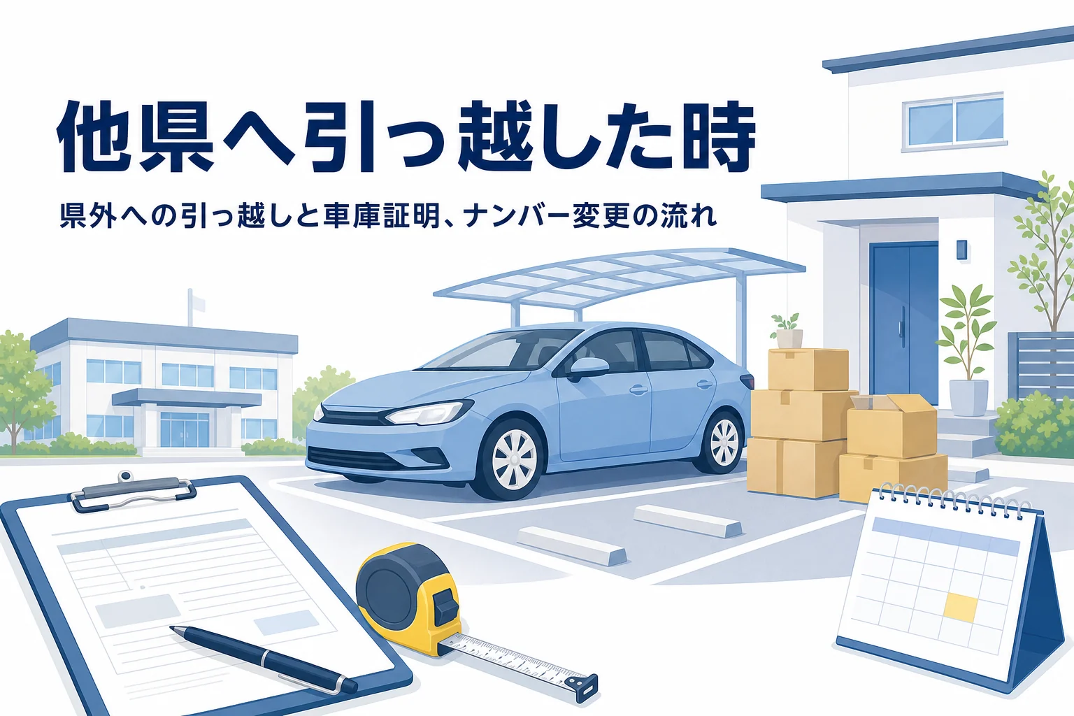 引っ越しの段ボールと駐車場の乗用車を写し、県外へ引っ越した時の車庫証明を紹介する記事タイトル