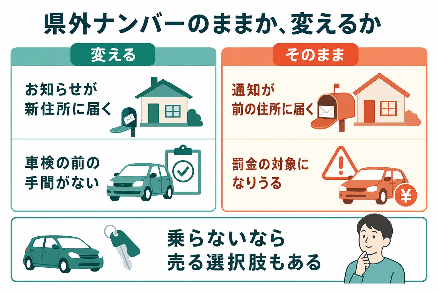 県外ナンバーのまま乗り続ける場合と、車庫証明を取ってナンバーを変える場合の違いを比べた図解
