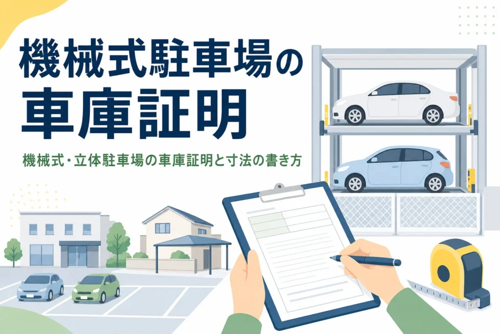 機械式駐車場のパレットとメジャーのイラストに、機械式駐車場の車庫証明の記事タイトルを重ねたアイキャッチ