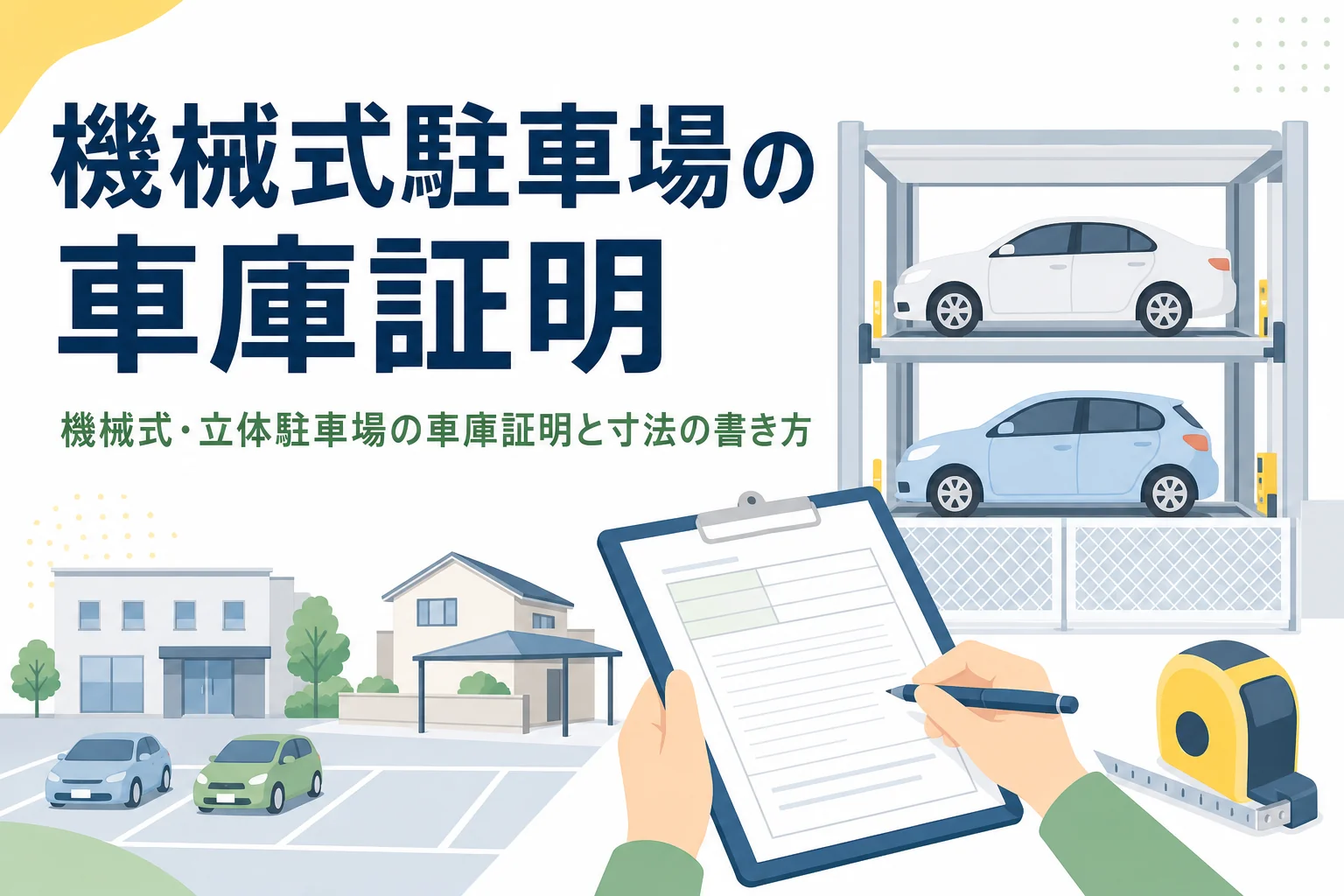 機械式駐車場のパレットとメジャーのイラストに、機械式駐車場の車庫証明の記事タイトルを重ねたアイキャッチ