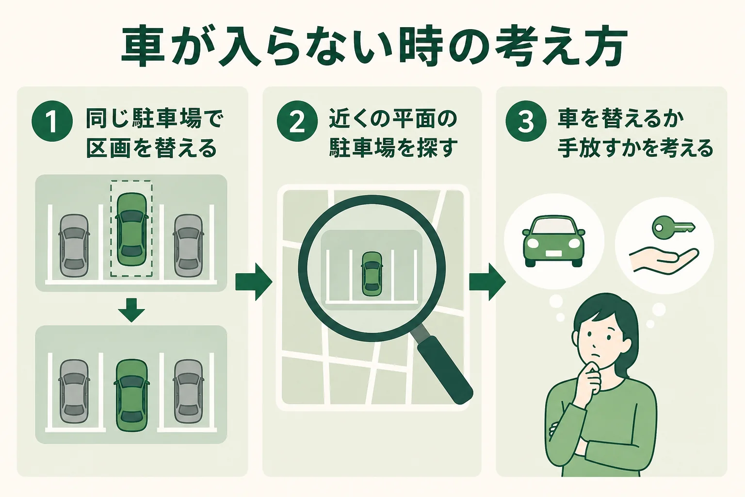 機械式駐車場に車が入らない時に、区画の変更・別の駐車場・車の見直しの順に考える流れを示した図解