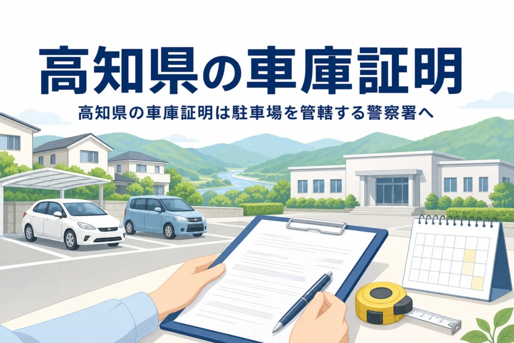 山と川の見える駐車場と書類のイラストに、高知県の車庫証明の記事タイトルを重ねたアイキャッチ