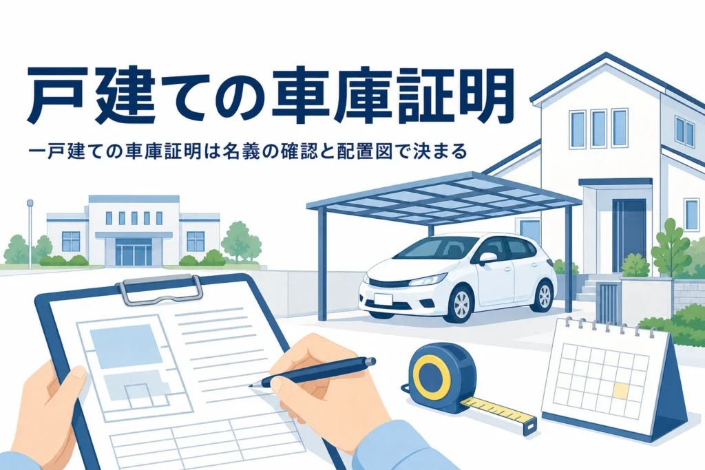 一戸建ての駐車スペースと書類を描き、戸建ての車庫証明の書き方を紹介する記事のアイキャッチ