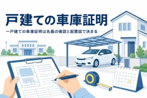 一戸建ての駐車スペースと書類を描き、戸建ての車庫証明の書き方を紹介する記事のアイキャッチ
