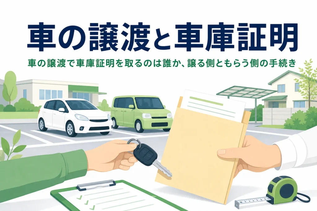 車のキーと書類を手渡す手元を写し、車の譲渡と車庫証明の手続きを紹介する記事タイトル
