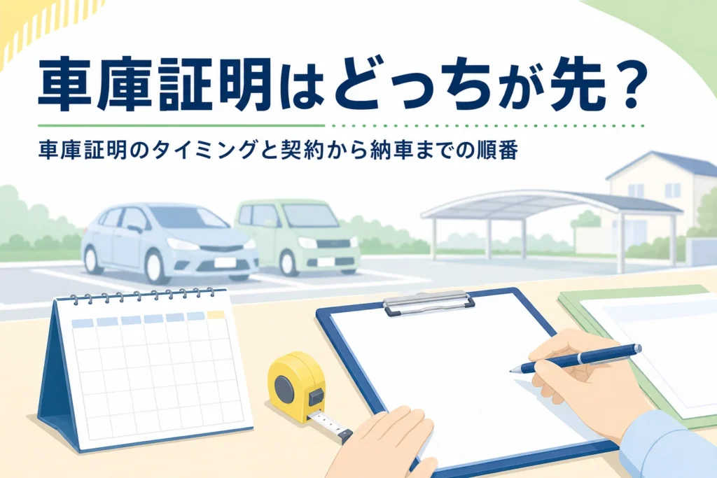 カレンダーと書類に「車庫証明はどっちが先？」の文字