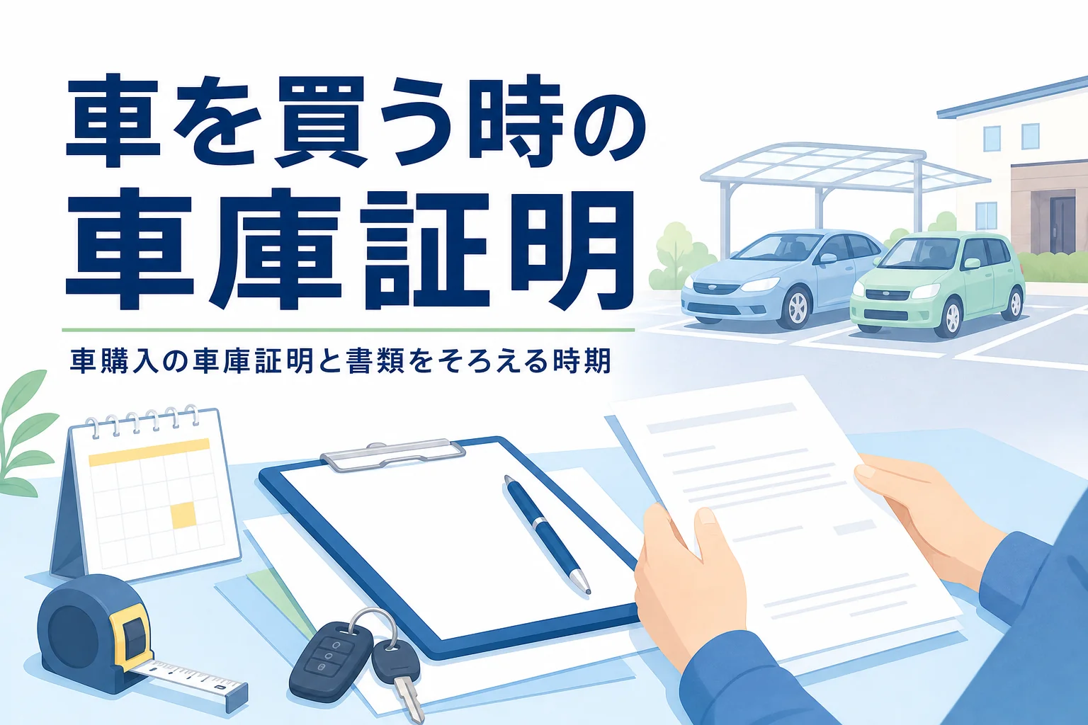 書類と車のキーが置かれた机と駐車場の乗用車のシルエットに、車を買う時の車庫証明を紹介する記事タイトル