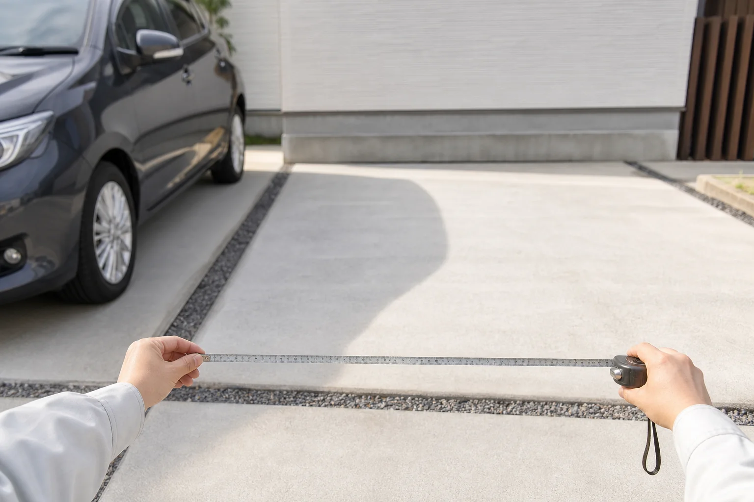 新しい車を置く前に駐車場の区画の幅を測っている様子