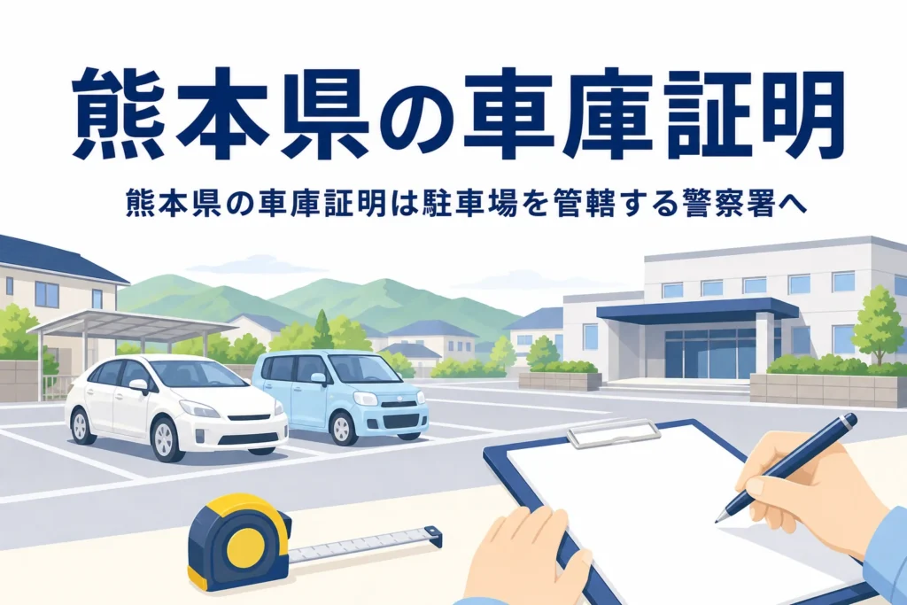 山並みの見える駐車場と書類のイラストに、熊本県の車庫証明の記事タイトルを重ねたアイキャッチ