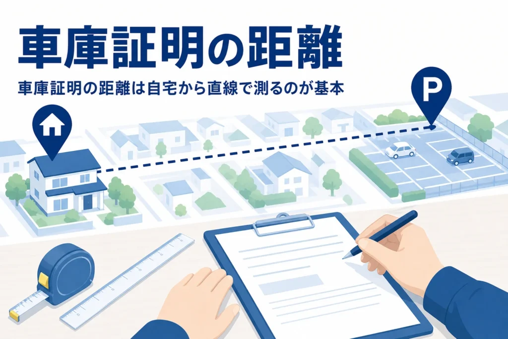 家と駐車場を点線で結んだイラストと定規を並べ、車庫証明の距離の条件を紹介する記事タイトル