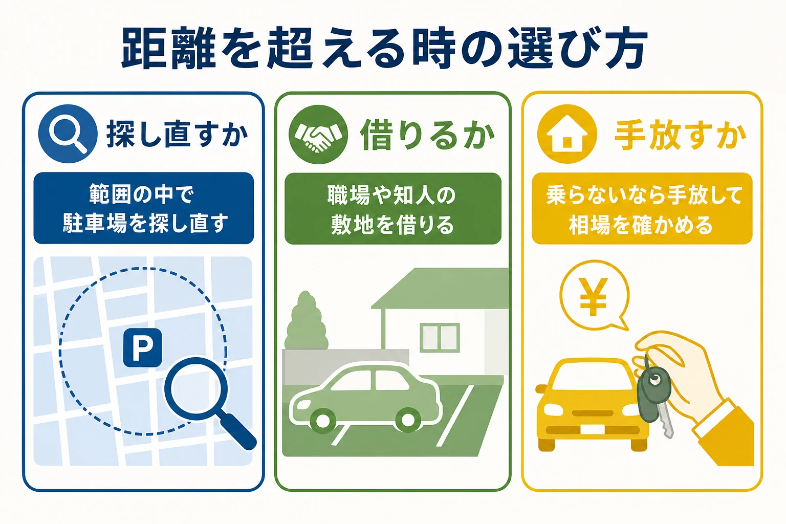 2kmを超える時に駐車場を探し直すか、借りるか、手放すかを選ぶ流れを示した図解