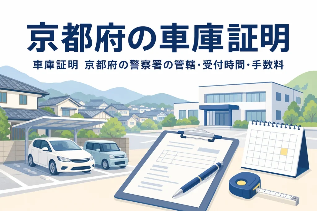 瓦屋根の町並みと駐車場、書類を描いた「京都府の車庫証明」のアイキャッチ