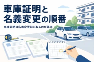 カレンダーに印を付ける手元と書類を写し、車庫証明と名義変更の順番を紹介する記事タイトル