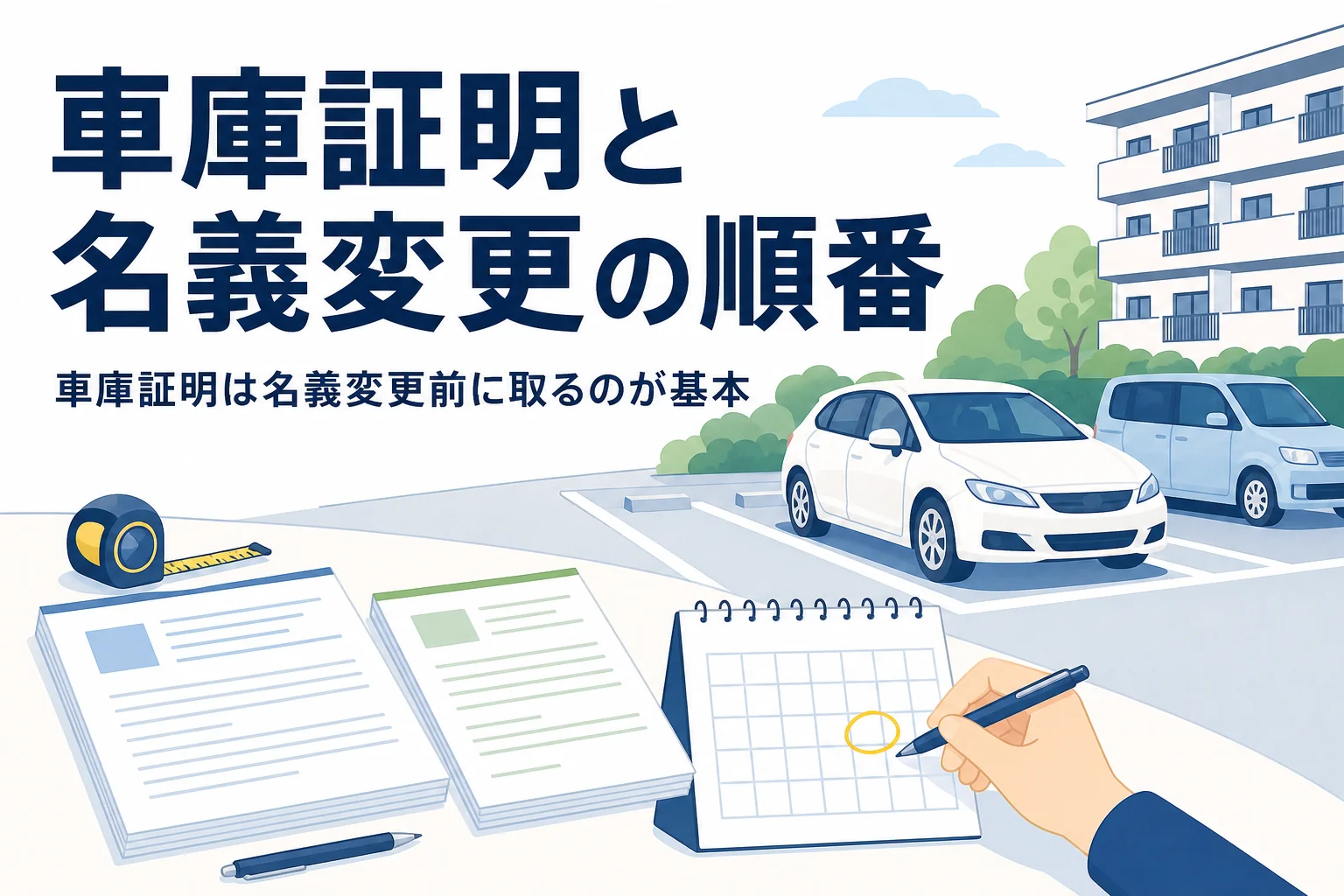 カレンダーに印を付ける手元と書類を写し、車庫証明と名義変更の順番を紹介する記事タイトル