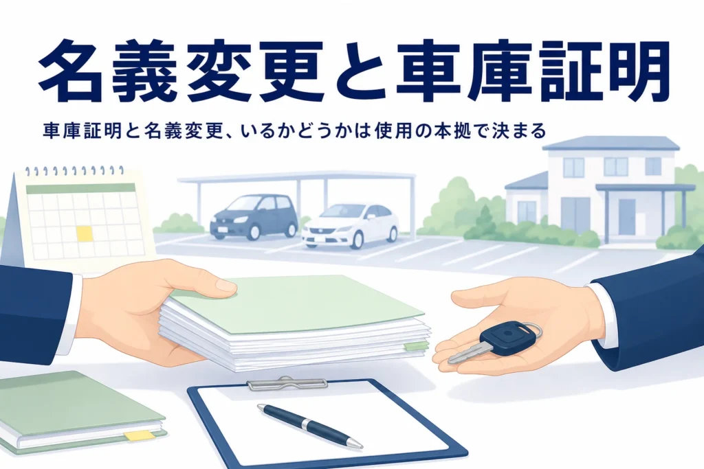 車の鍵と書類を手渡す手元を写し、名義変更に車庫証明がいるかを紹介する記事タイトル