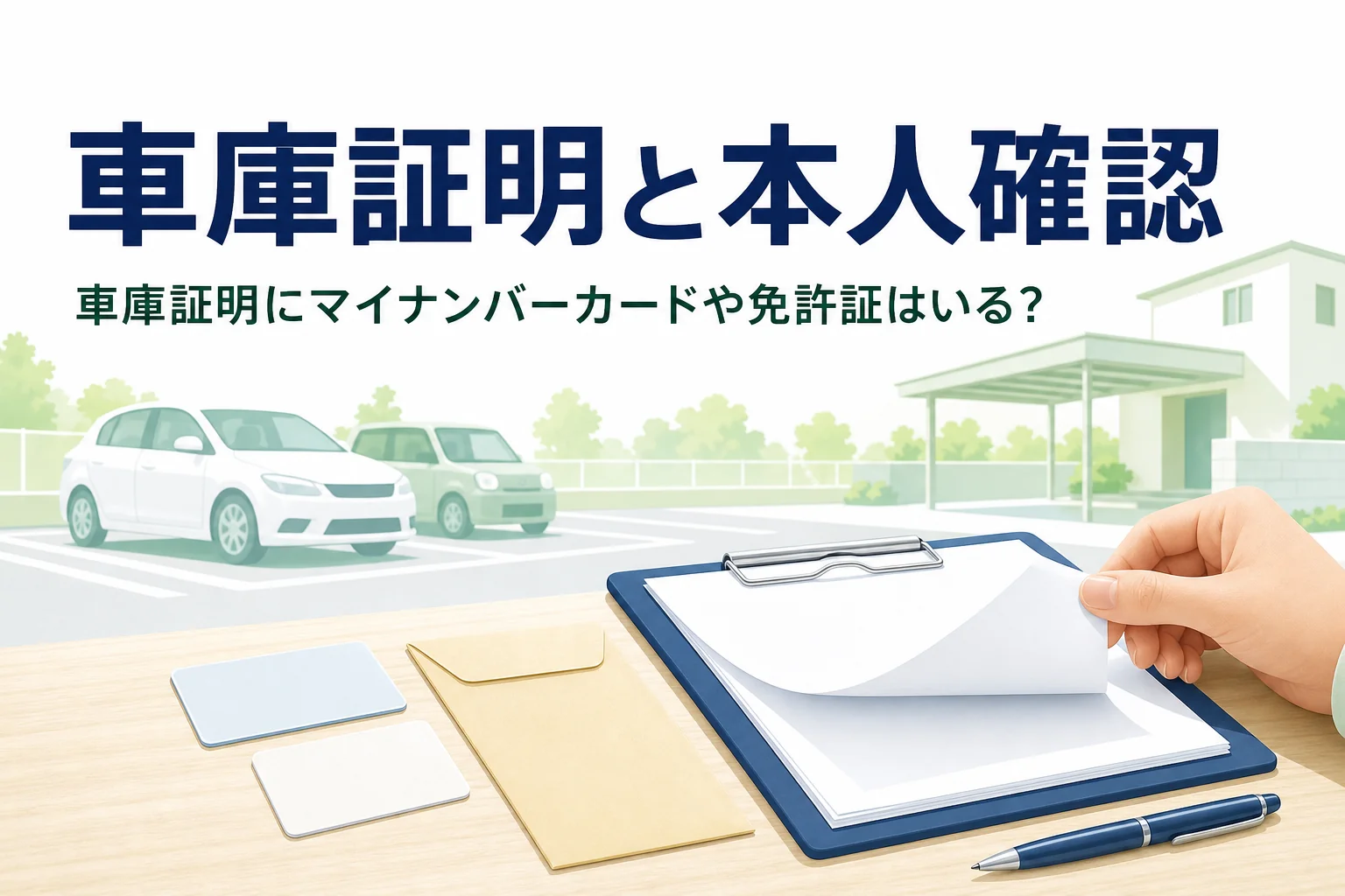 カードと書類を並べ、車庫証明でマイナンバーカードや免許証が必要かを紹介する記事のアイキャッチ