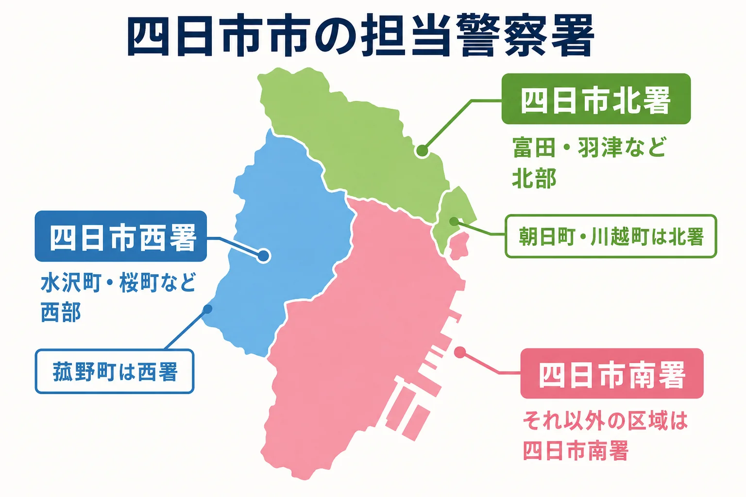 四日市市で車庫証明の担当警察署が地区で3つに分かれる様子をまとめた図解