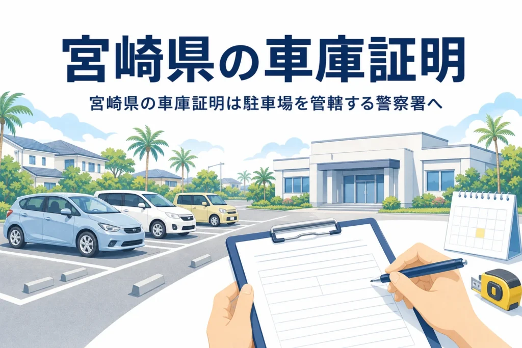 街路樹の並ぶ駐車場と書類のイラストに、宮崎県の車庫証明の記事タイトルを重ねたアイキャッチ