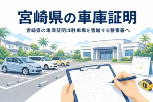 街路樹の並ぶ駐車場と書類のイラストに、宮崎県の車庫証明の記事タイトルを重ねたアイキャッチ