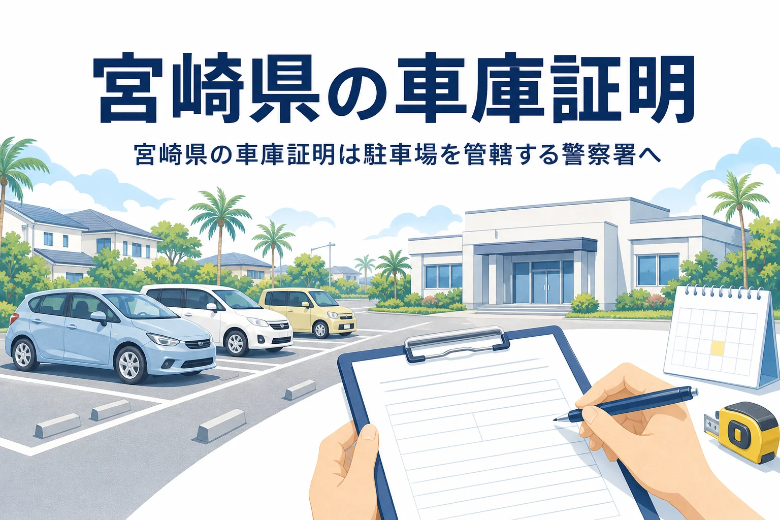 街路樹の並ぶ駐車場と書類のイラストに、宮崎県の車庫証明の記事タイトルを重ねたアイキャッチ