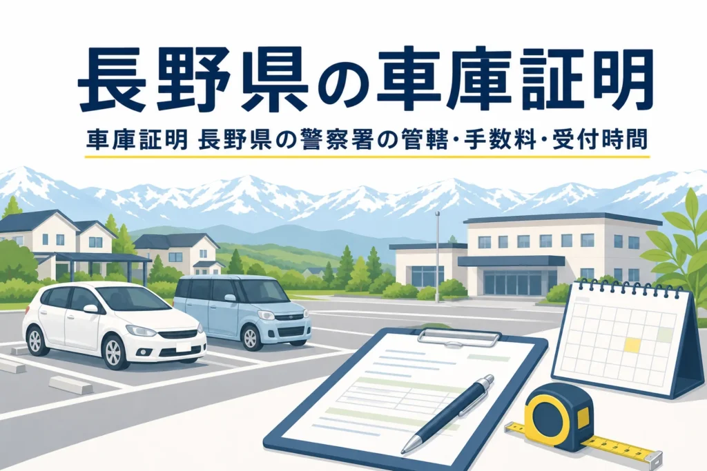 駐車場と書類を描いた「長野県の車庫証明」のアイキャッチ
