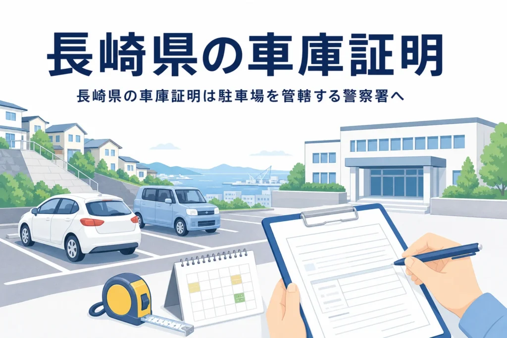 坂の町と港の見える駐車場と書類のイラストに、長崎県の車庫証明の記事タイトルを重ねたアイキャッチ