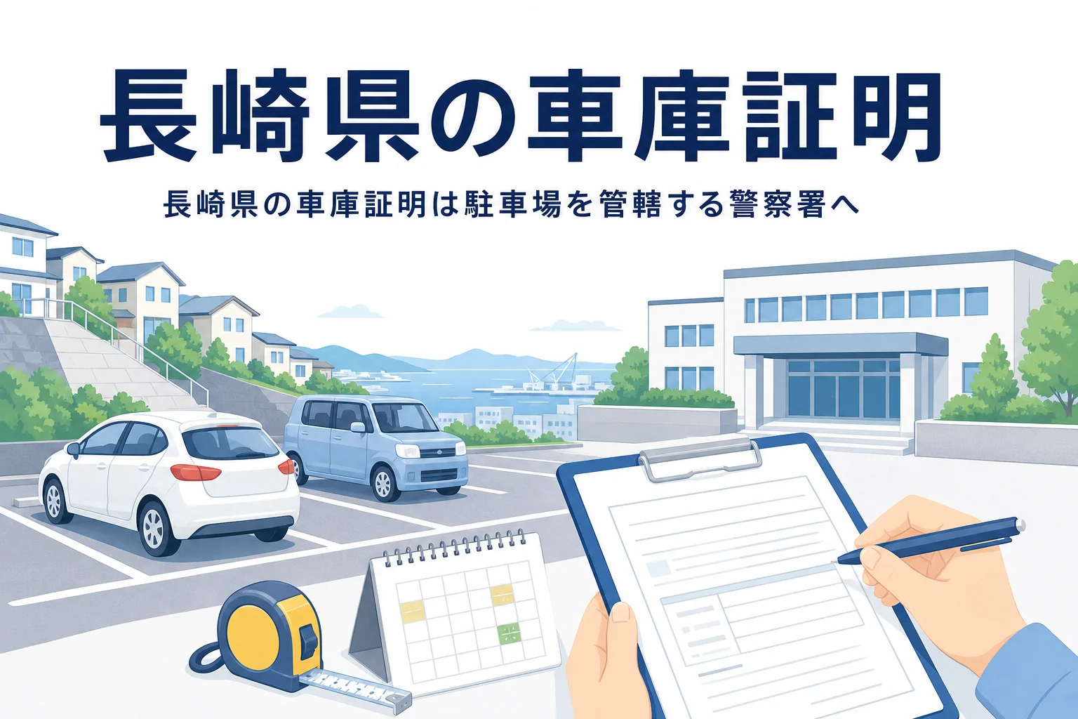 坂の町と港の見える駐車場と書類のイラストに、長崎県の車庫証明の記事タイトルを重ねたアイキャッチ