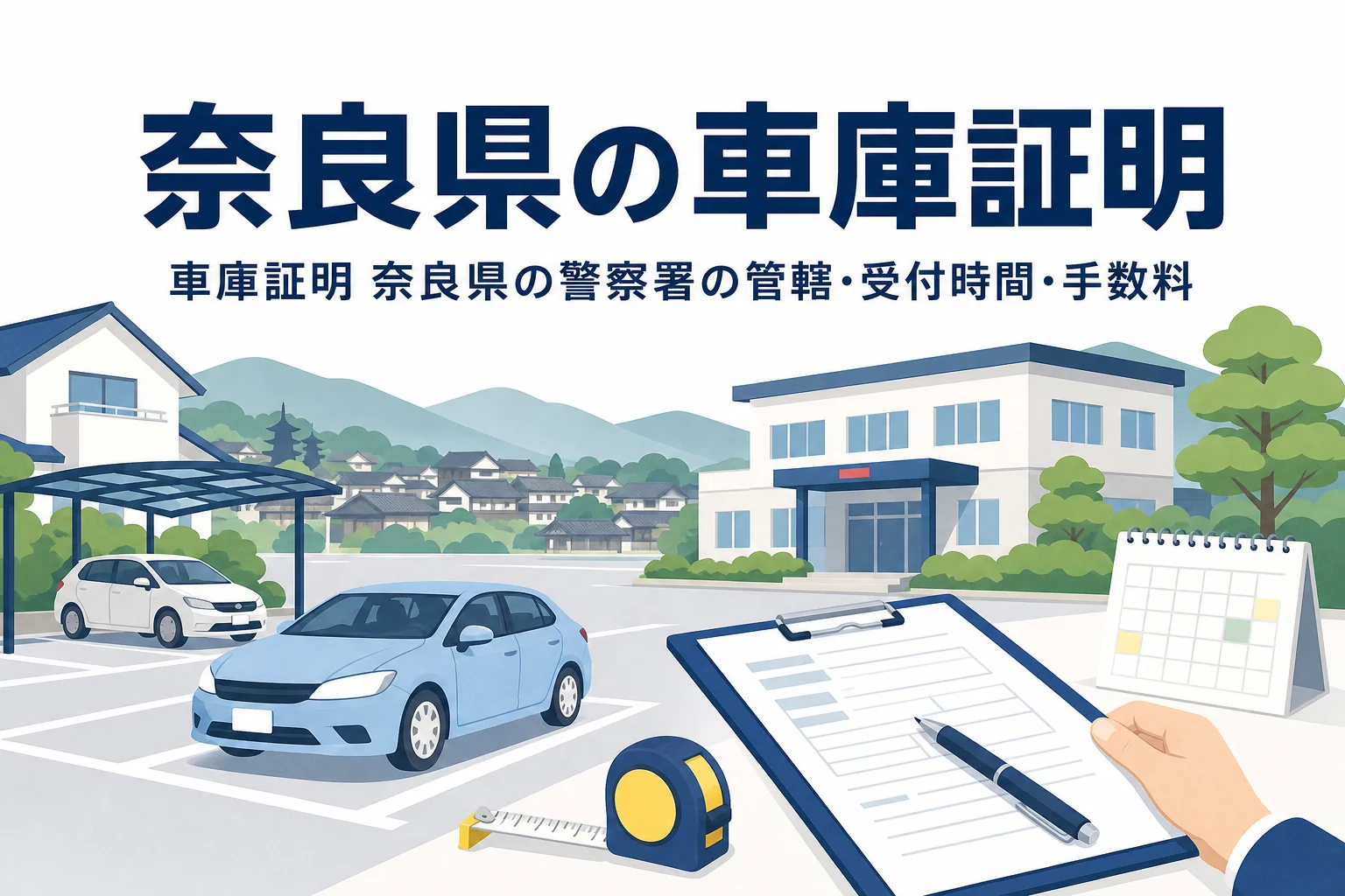 山並みと町並み、駐車場と書類を描いた「奈良県の車庫証明」のアイキャッチ