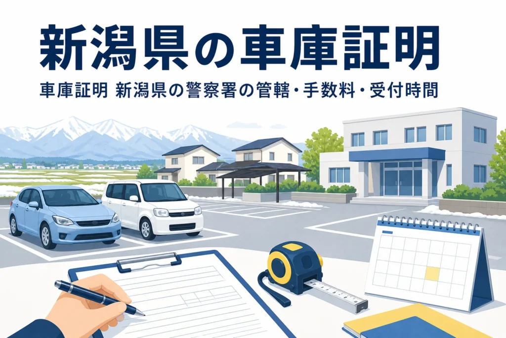 駐車場と書類を描いた「新潟県の車庫証明」のアイキャッチ