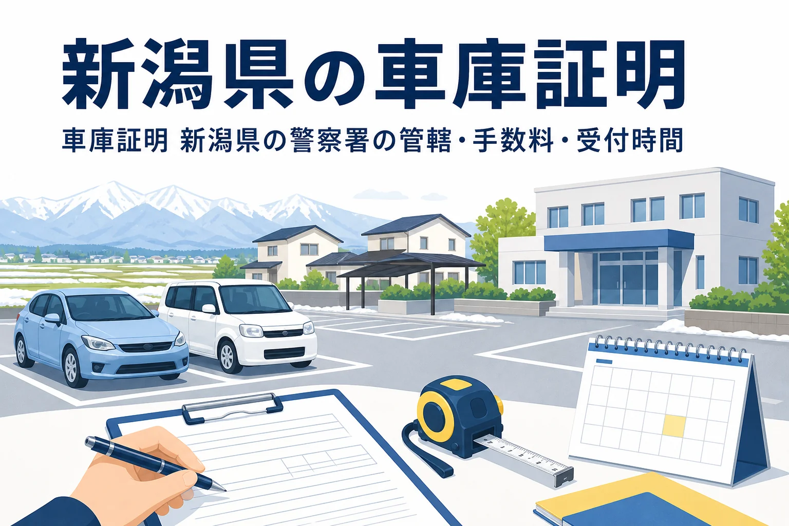 駐車場と書類を描いた「新潟県の車庫証明」のアイキャッチ