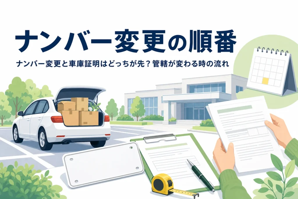 引っ越しの車と無地のナンバープレート、書類を写し、ナンバー変更と車庫証明の順番を紹介する記事タイトル