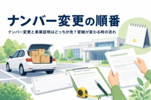 引っ越しの車と無地のナンバープレート、書類を写し、ナンバー変更と車庫証明の順番を紹介する記事タイトル